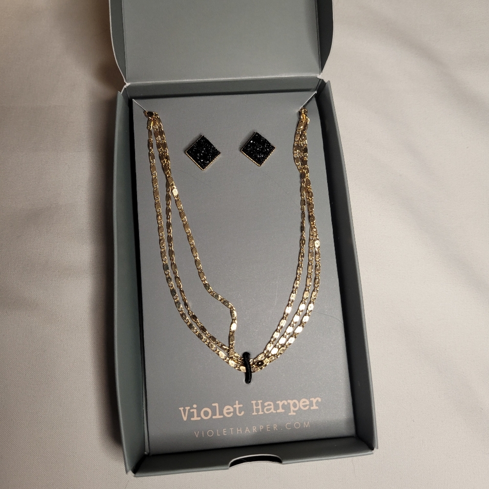 NIB Violet Harper Isla layered Necklace & Druzy Earring Set - Gold Plated